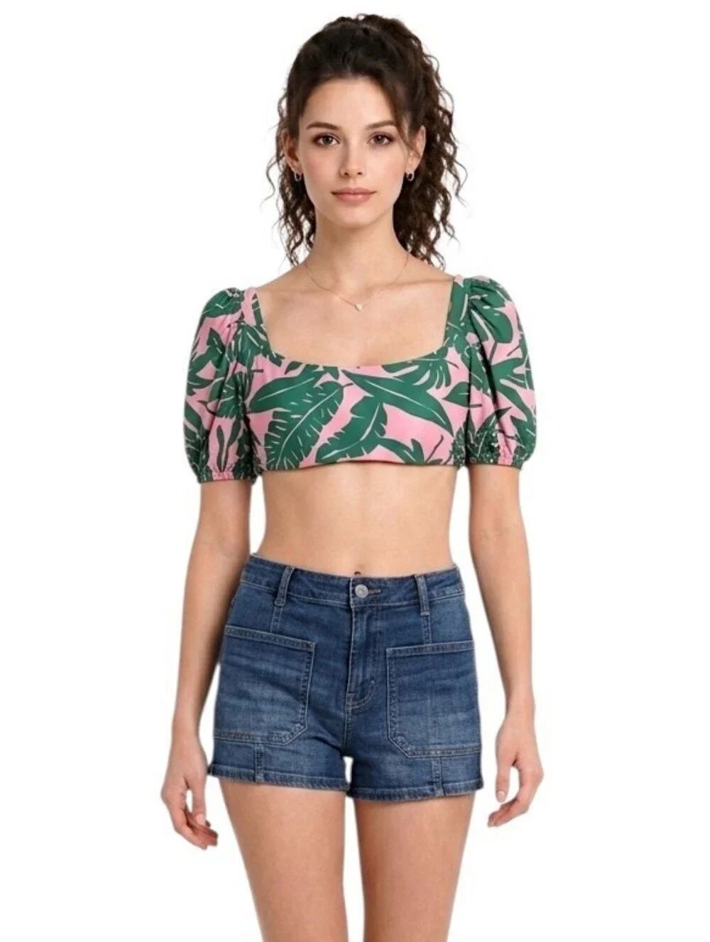 Volcom Leaf Ur Life Pink & Green Tropical Print Crop Bikini Top Size M